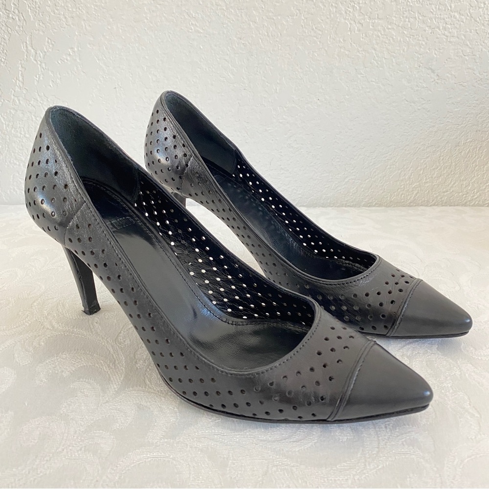 Anine Bing Black Leather Perforated Pointed cap Toe pumps